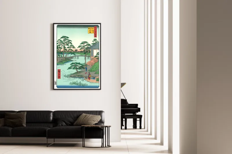 Mokuboji Temple and Vegetable Fields on Uchigawa Inlet by Utagawa Hiroshige — framed on the wall of a minimal living room
