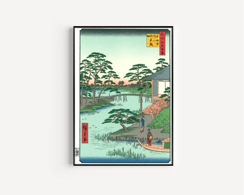 Mokuboji Temple and Vegetable Fields on Uchigawa Inlet by Utagawa Hiroshige — in a slim black frame on a plain white wall
