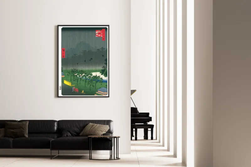 View of the Paulownia Imperiales Trees at Akasaka on a Rainy Evening by Utagawa Hiroshige — framed on the wall of a minimal living room