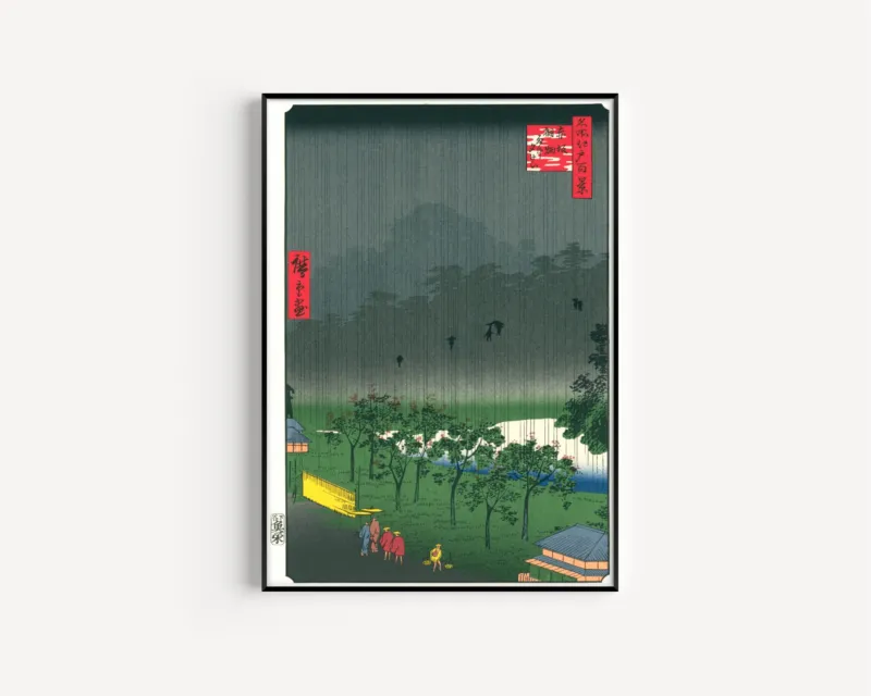 View of the Paulownia Imperiales Trees at Akasaka on a Rainy Evening by Utagawa Hiroshige — in a slim black frame on a plain white wall