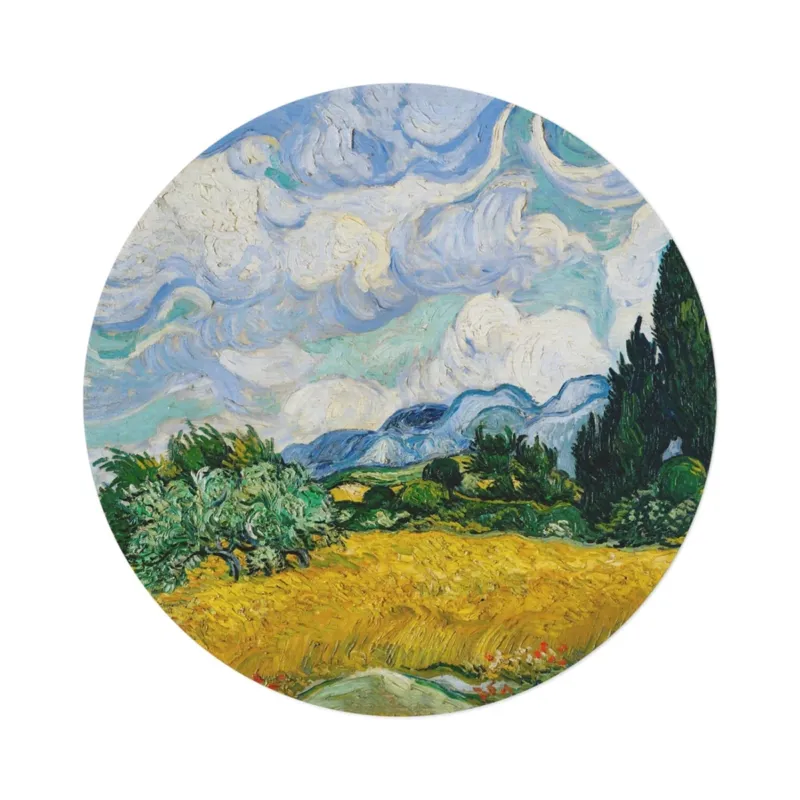 Round mat with Wheat Field with Cypresses by Vincent van Gogh, top view on white background