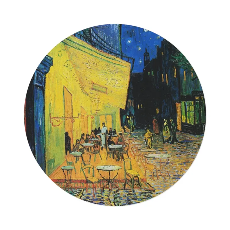 Round mat with Café Terrace at Night by Vincent van Gogh, top view on white background