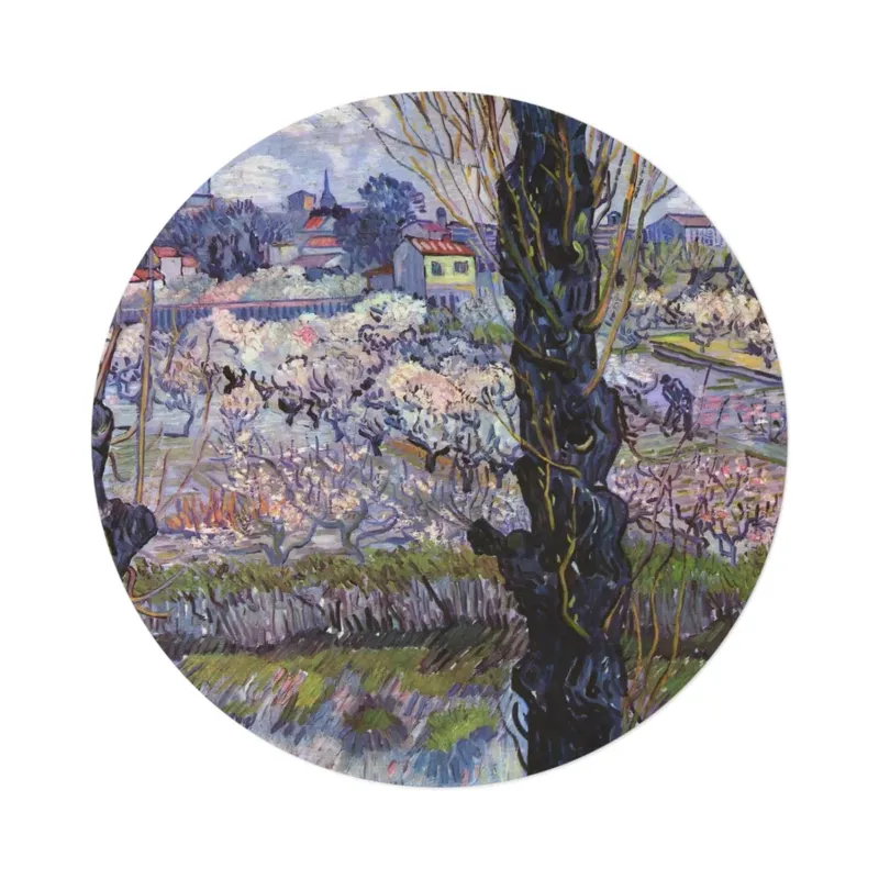View of Arles, Flowering Orchards round mat, top view on white background