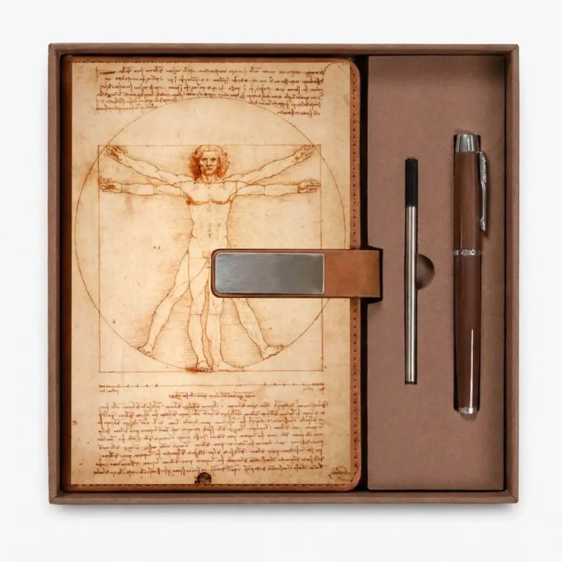 Leonardo da Vinci Vitruvian Man drawing on a brown notebook with warm paper tones, matching brown pen and refill inside the presentation box