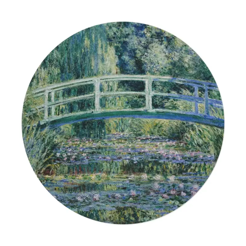 Water Lilies and Japanese Bridge round mat placed in a bright living room