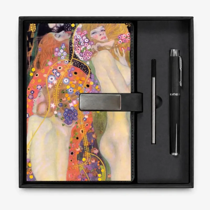 Open presentation box with the Black Water Serpents II by Gustav Klimt notebook and matching refillable metal pen, gallery view 1