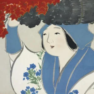 Woman, from Momoyogusa by Kamisaka Sekka — A woman balances a bundle on her head under red maple leaves