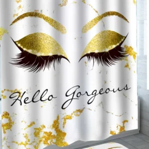 Womens Shower Curtain Hello Gorgeous Cool Girls Gold Eyelashes