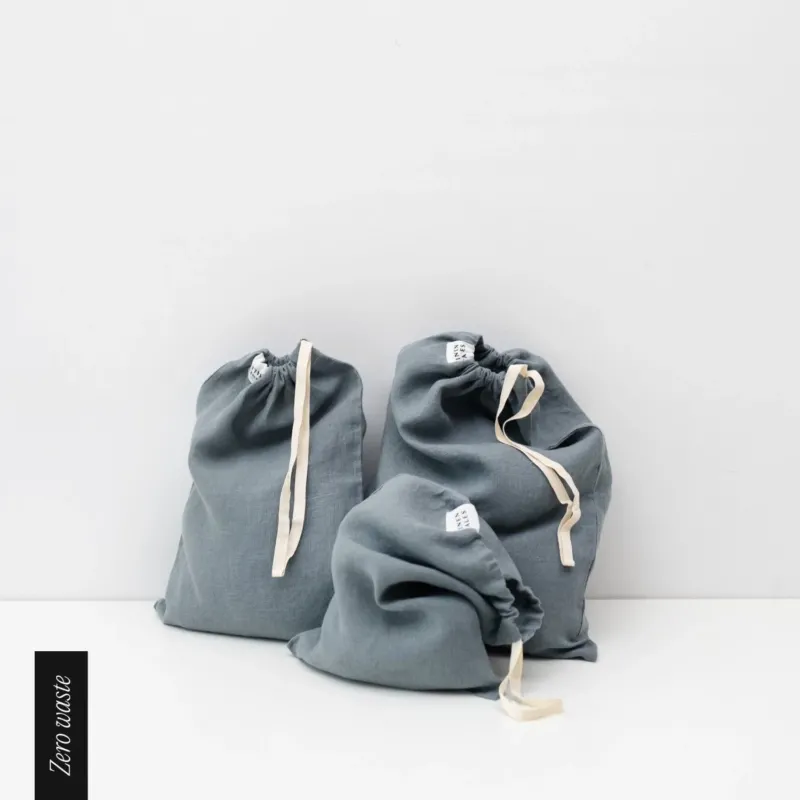 Zero Waste Kordelzugbeutel aus Leinen im 3 - er Set, Blue Fog - Linen Tales
