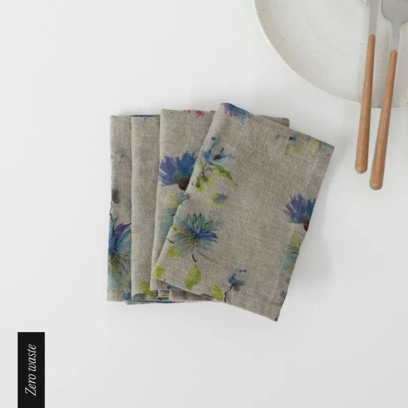 Zero Waste Leinen - Servietten im 4er - Set, Flowers on Natural - Linen Tales