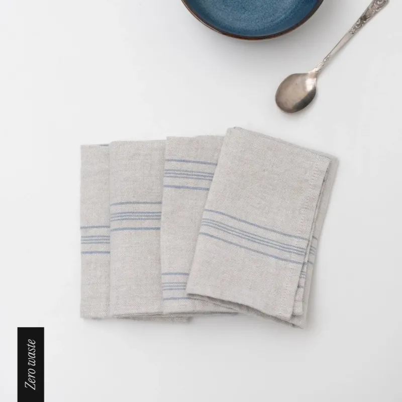 Zero Waste Leinen - Servietten im 4er - Set, Grey Blue Wide Stripe Rustic - Linen Tales