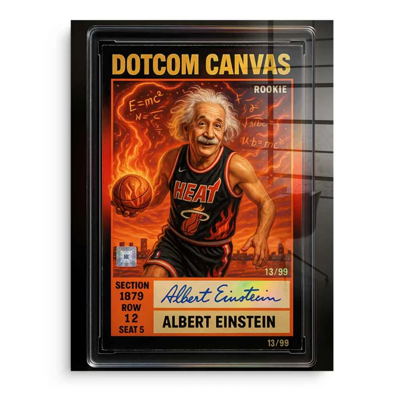DOTCOMCANVAS Albert Einstein Basketball Card Pop Art Wandbild Acrylglasbild Frontansicht ohne Rahmen – Albert Einstein als Miami-Heat-Rookie-Sammelkarte
