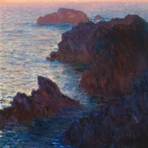 Rock at Belle-Île, Port-Domois by Claude Monet — A dark cliff silhouette meets a glowing sunset sea at Belle-Île