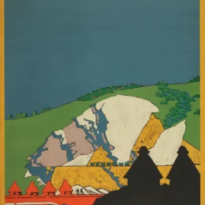 Godstone by Edward McKnight Kauffer — A chalk quarry with kiln roofs rises from green English hills