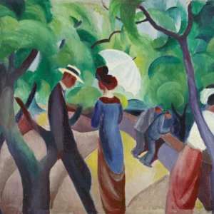 Promenade by August Macke — Strolling figures pass beneath a canopy of green trees