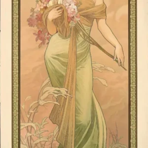 Spring by Alphonse Mucha — A golden-haired woman in sage green cradles an armful of bright blooms