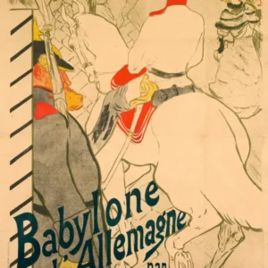Babylone d'Allemagne by Henri de Toulouse-Lautrec — A red-trimmed cavalryman on a white horse passes elegant onlookers
