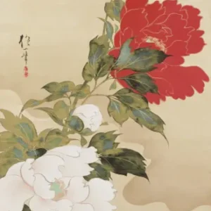 Peonies in the Wind by Sakai Hōitsu — A red peony and a white peony bloom against soft drifting mist