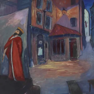 Into the Night by Marianne von Werefkin — A crowned figure in red walks a night street lit by a single lamp