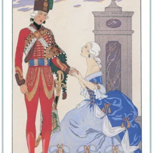 Comptez sur mes serments by George Barbier — A hussar clasps the hand of a woman in a pale blue gown
