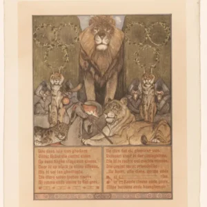 Vos in monnikspij (Reinaert) aan voeten van leeuw (Nobel) [Reynard in monk's habit before King Nobel] by Bernard Willem Wierink — A lion king presides over a
