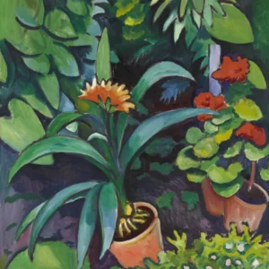 Flowers in the Garden, Clivia and Pelargoniums by August Macke — Potted clivia and geraniums crowd a lush garden