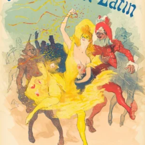Au Quartier Latin by Jules Chéret — A masked dancer flings confetti beside a red-clad jester