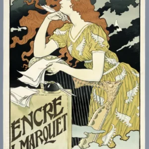 Encre L. Marquet by Eugène Grasset — A red-haired woman in a flowing gown lifts a quill to her lips