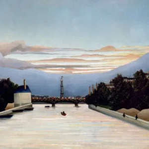The Eiffel Tower by Henri Rousseau — A wide river leads toward a bridge and the Eiffel Tower