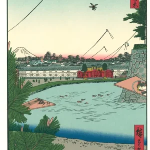 Hibiya and Soto-Sakurada from Yamashita-chō by Utagawa Hiroshige — A shuttlecock and kites fly over the moat below Mount Fuji