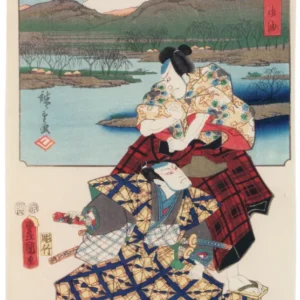 Fifty-three Stations by Two Brushes: Fuchu by Utagawa Hiroshige & Utagawa Kunisada — Two kabuki actors in bold makeup stand before a view of Mount Fuji