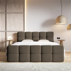 Kontinentales Bett 180x200 cm Cloudy mit Stauraum und Topper, braunes Bouclé