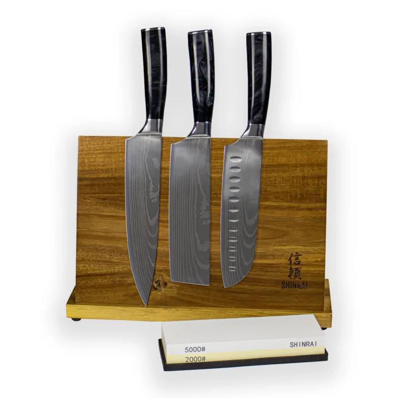 Epoxy Onyx Damascus Print 3-Delige Messenset - Combideal XXL Messenset met blok en slijpsteen Shinrai Knives