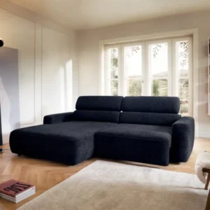 Ecksofa Fando mit elektrisch ausziehbarem Sitz, L-förmig, linksseitig, marineblauer Chenille-Stoff