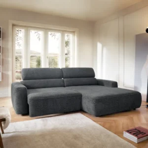 Ecksofa Fando mit elektrisch ausziehbarer Sitzfläche, L-förmig, rechtsseitig, dunkelgrauer Chenille-Stoff