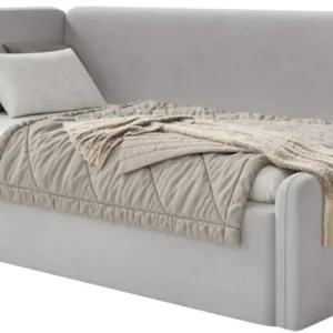 Jugendbett 90x200 cm Fanklo linksseitig mit Stauraum hellgrauer Velours, wasserabweisend und pflegeleicht