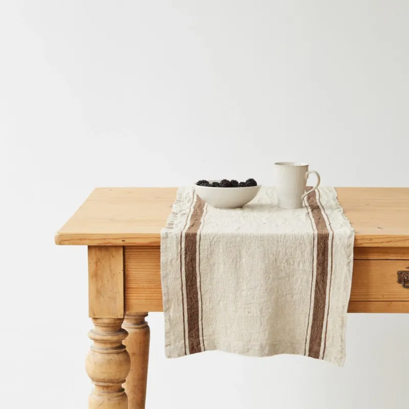 Leinen-Tischläufer, Vintage Mocca Stripe