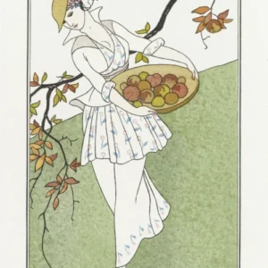 Toilette de taffetas imprimé, Chapeau de paille [Printed taffeta dress, straw hat] by George Barbier — A woman in a flowered white dress lifts a bowl of fruit