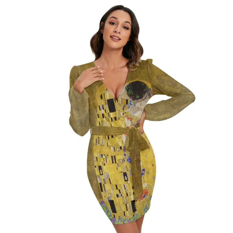 Front model view of The Kiss by Gustav Klimt women’s belted mini dress with V-neckline, long sleeves, wrap-style front and tied waist belt