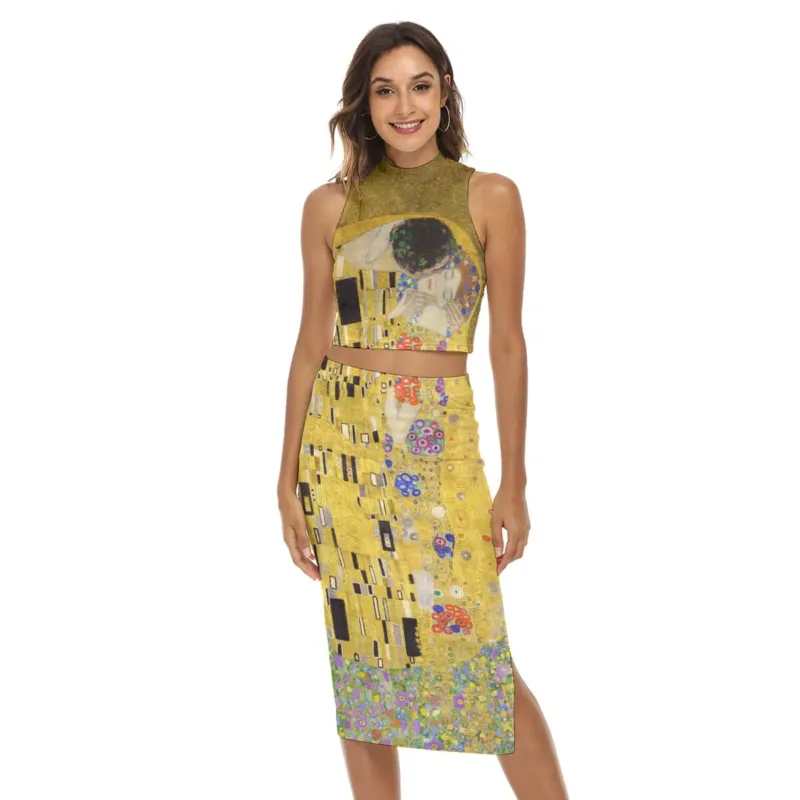 Front full-length model view of The Kiss by Gustav Klimt women’s crop top and midi skirt set with high neckline, midriff opening and side slit