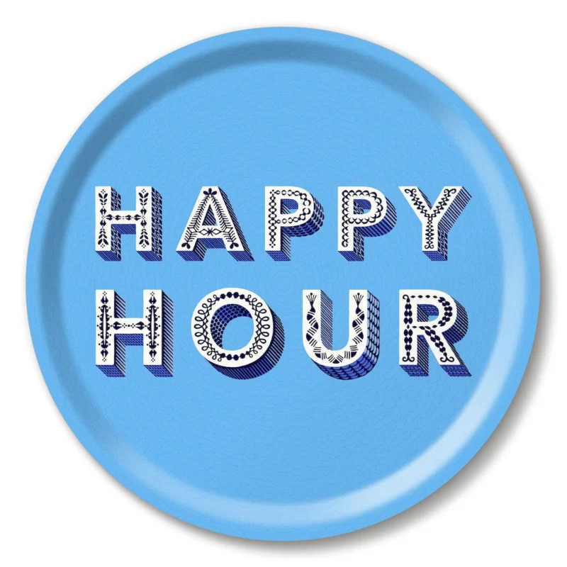 Rundes Tablett Happy Hour in Blau mit dekorativem Schriftzug, Jamida of Sweden, Glam Living