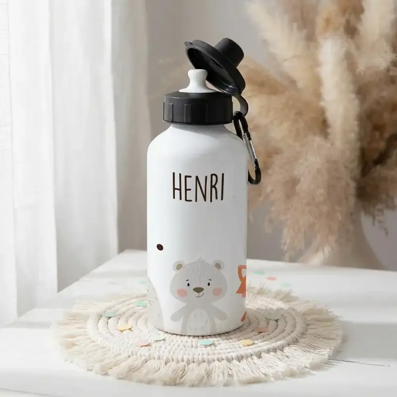 Personalisierte Trinkflasche Kinder Bär & Fuchs – Alu 500 ml Hauptbild mit Wunschname