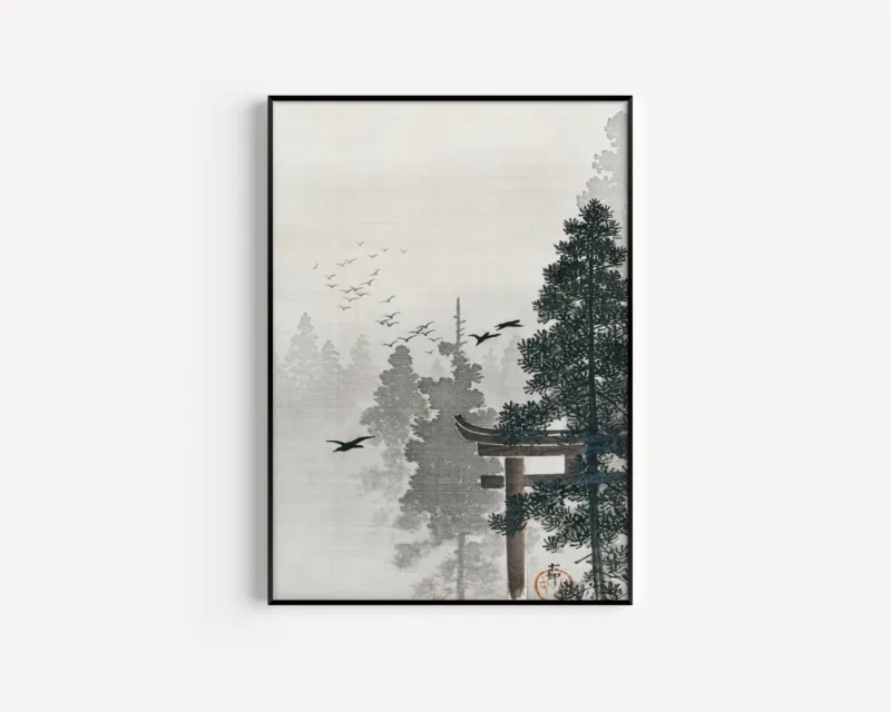 Flock of Birds and a Torii Gate in a Pine Forest by Ohara Koson — in a slim black frame on a plain white wall