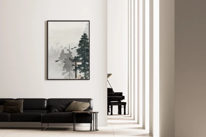 Flock of Birds and a Torii Gate in a Pine Forest by Ohara Koson — framed on the wall of a minimal living room