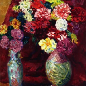 Two Vases of Flowers by Louis Valtat — Two vases crowded with dahlias against deep red