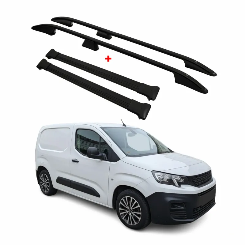 Dachreling + Dachträger für Peugeot Partner 2018-2024 Kurzer Alu Schwarz 4x