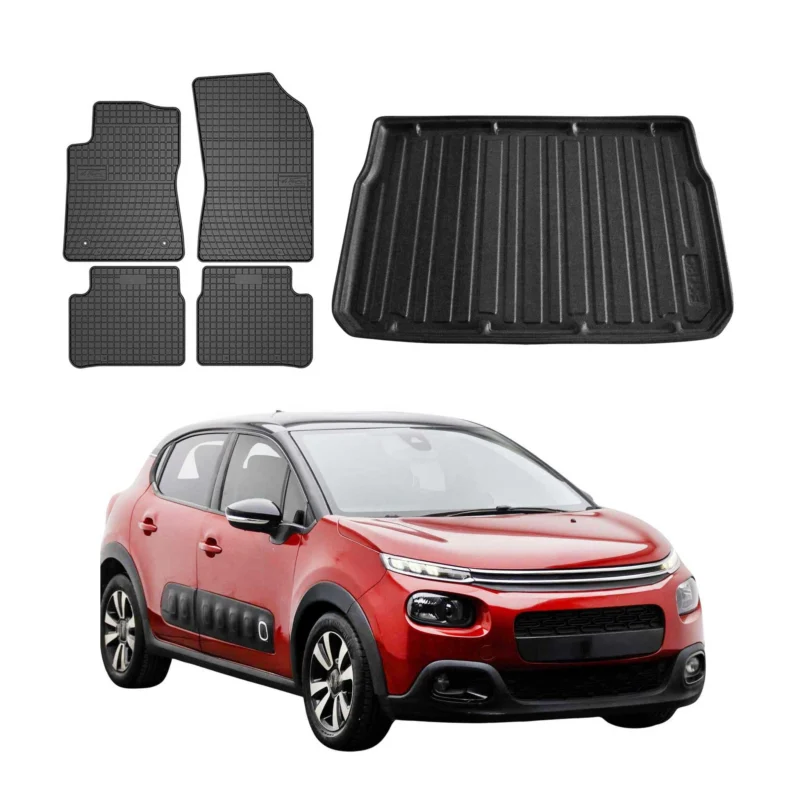 Fußmatten & Kofferraumwanne Set für Citroen C3 5tür 2016-2024 5tür Gummi