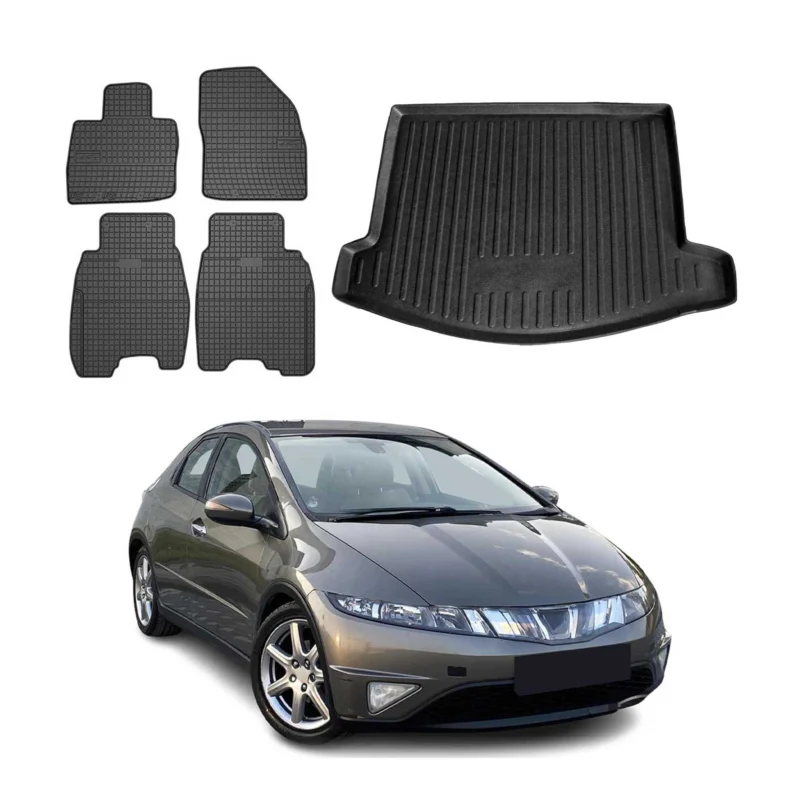 Fußmatten & Kofferraumwanne Set für Honda Civic Schrägheck 2005-2012 Gummi 5x