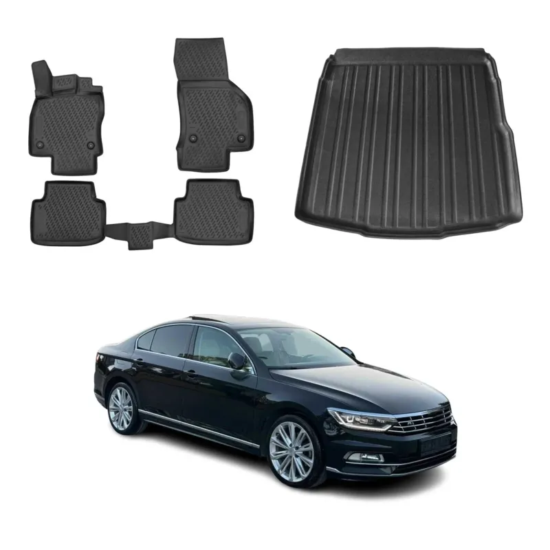 Fußmatten & Kofferraumwanne Set für VW Passat B8 Stufenheck 2014-2023 Schwarz