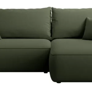 Ecksofa mit Schlaffunktion Ovo Mini, L-förmig, rechtsseitig, mit Stauraum, olivgrüner, leicht zu reinigender Samtbezug